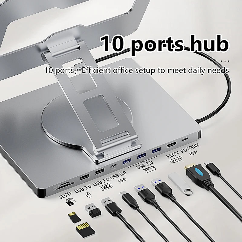 Support iPad Rotatif Blueendless 10-en-1 — Hub USB-C 4K 60Hz, PD 100W, RJ45