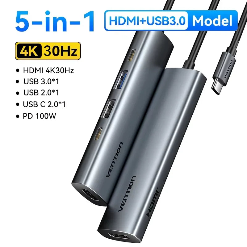 Hub USB-C Vention 9-en-1 — HDMI 4K 60Hz, RJ45, PD 100W pour MacBook, iPad et PC