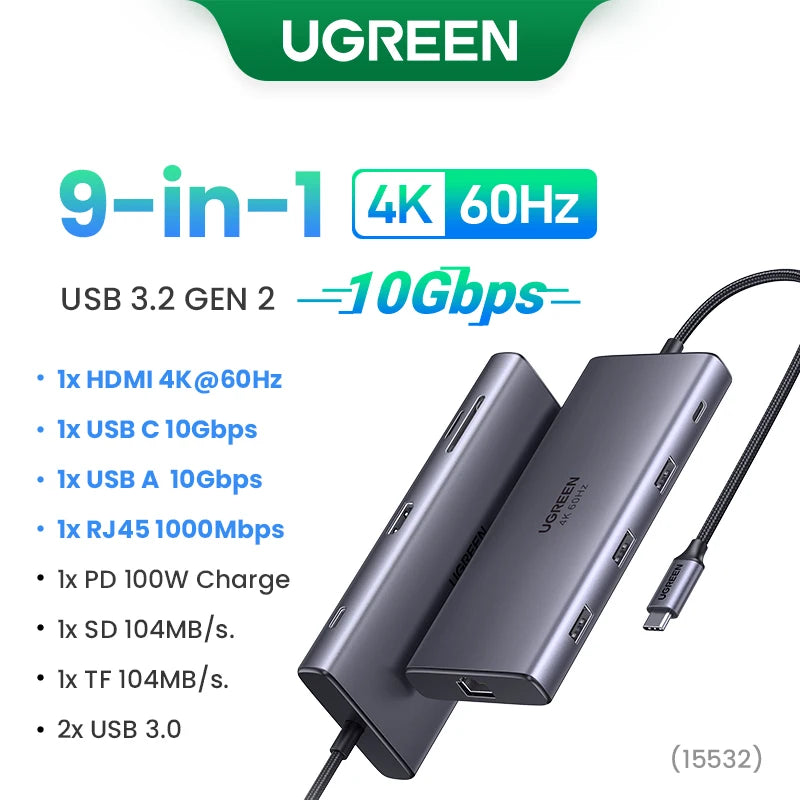 Hub USB-C UGREEN 9-en-1 — HDMI 4K 60Hz, 10 Gbps, RJ45, PD 100W pour MacBook, iPad, PC