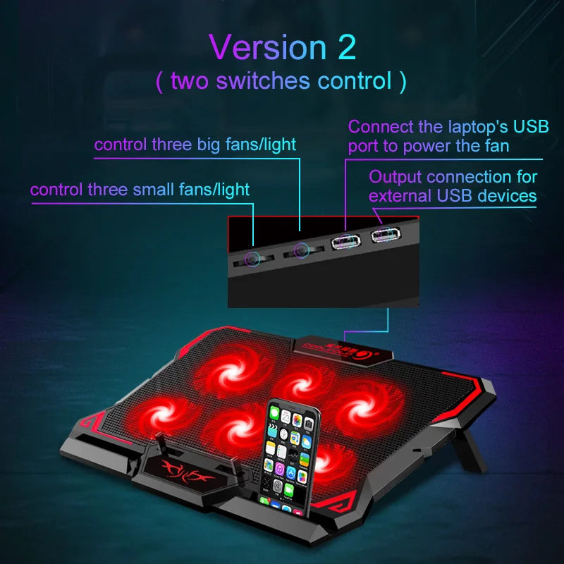 Refroidisseur PC Portable Gaming COOLCOLD 17 Pouces — 6 Ventilateurs LED, 2 Ports USB