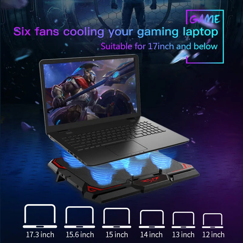 Refroidisseur PC Portable Gaming COOLCOLD 17 Pouces — 6 Ventilateurs LED, 2 Ports USB