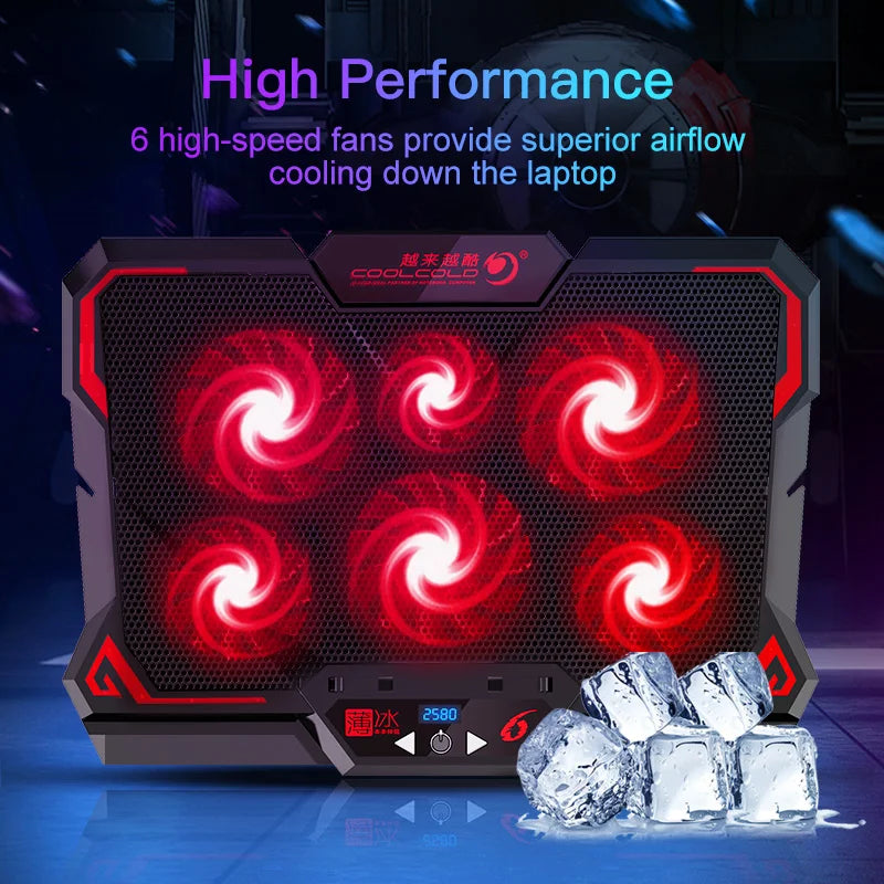Refroidisseur PC Portable Gaming COOLCOLD 17 Pouces — 6 Ventilateurs LED, 2 Ports USB