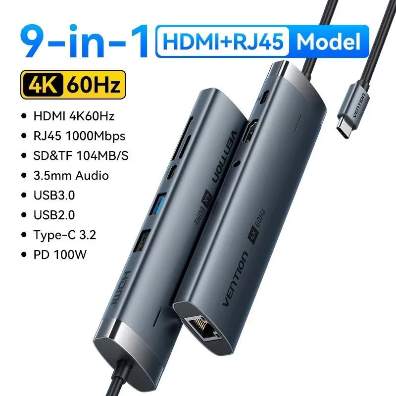 Hub USB-C Vention 9-en-1 — HDMI 4K 60Hz, RJ45, PD 100W pour MacBook, iPad et PC