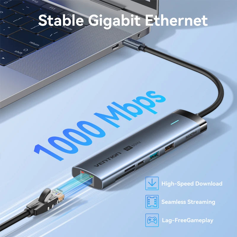 Hub USB-C Vention 9-en-1 — HDMI 4K 60Hz, RJ45, PD 100W pour MacBook, iPad et PC