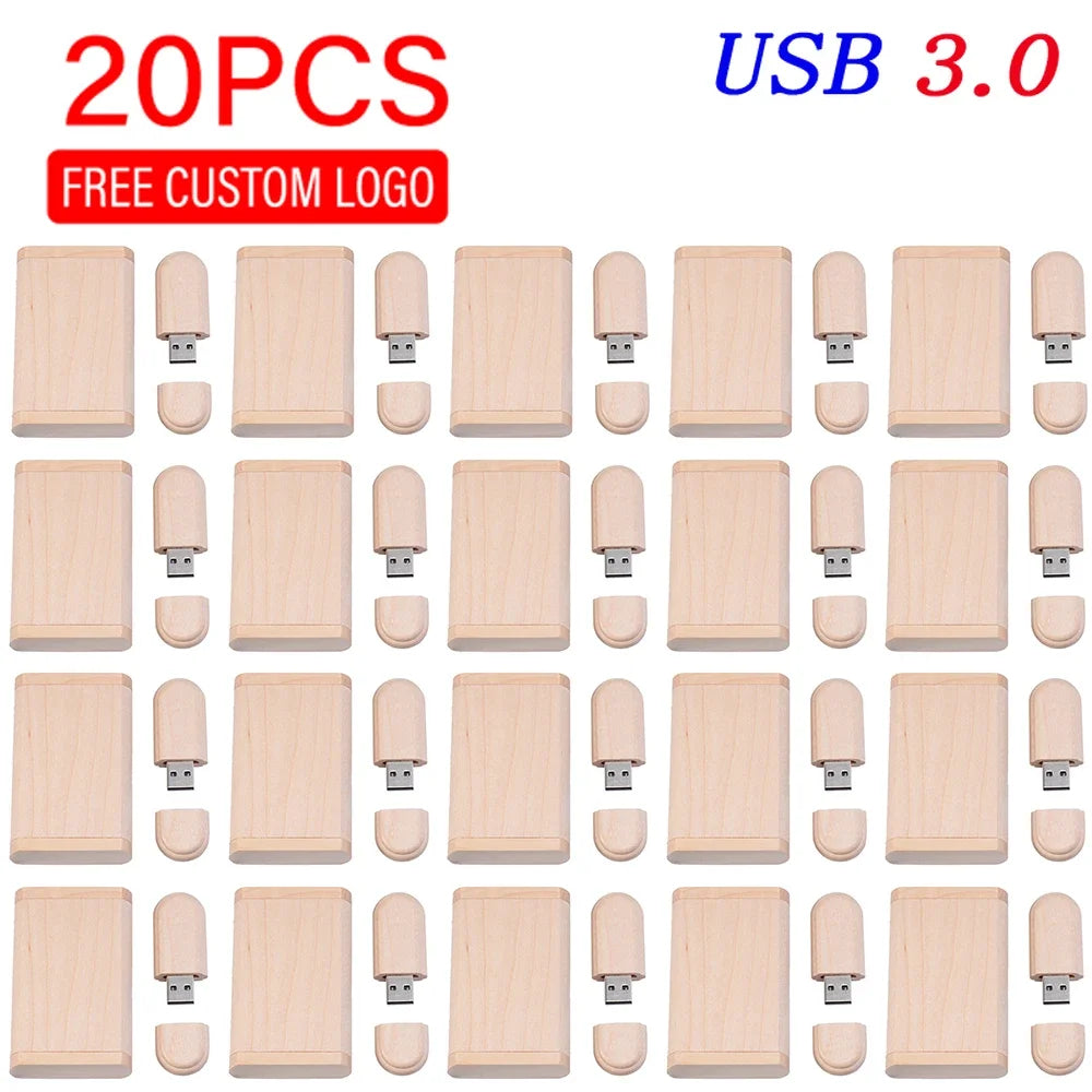 Clé USB 3.0 en Bois Naturel - 32Go à 128Go avec Boîte Cadeau (Lot de 20)