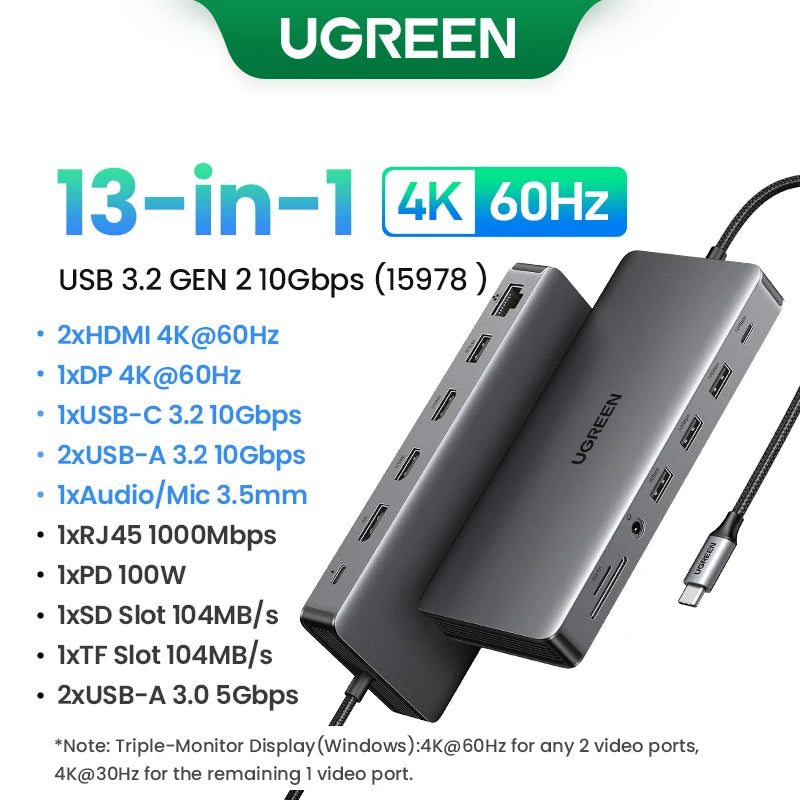 Hub USB-C UGREEN 9-en-1 — HDMI 4K 60Hz, 10 Gbps, RJ45, PD 100W pour MacBook, iPad, PC