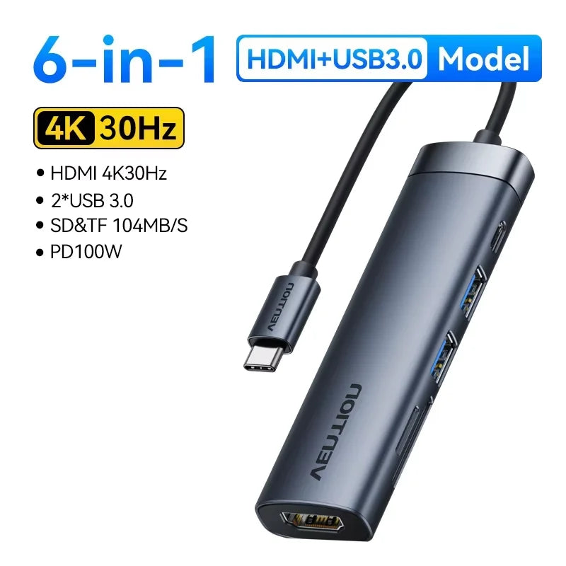 Hub USB-C Vention 9-en-1 — HDMI 4K 60Hz, RJ45, PD 100W pour MacBook, iPad et PC