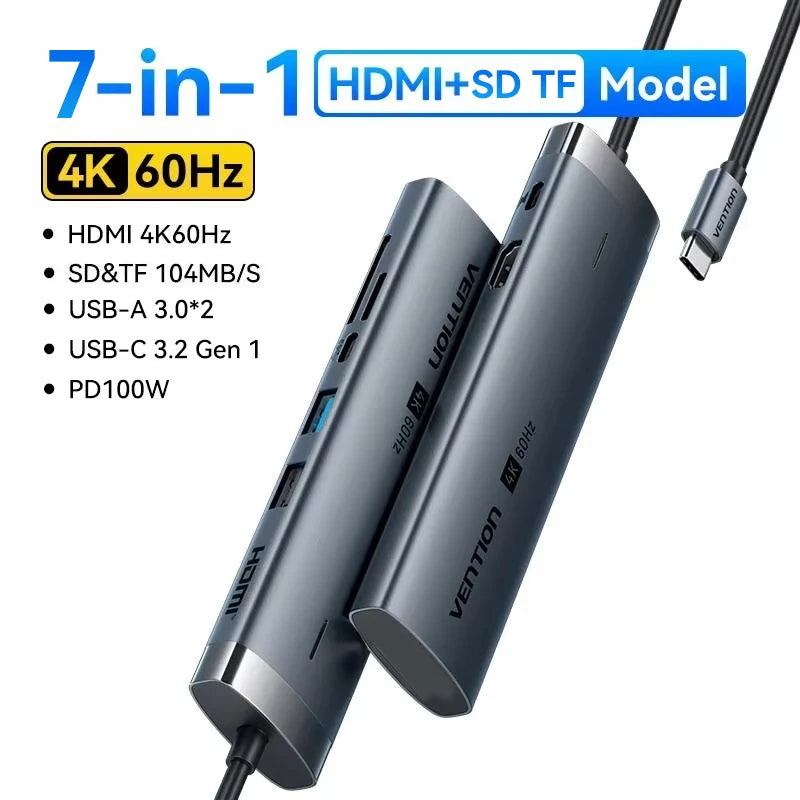 Hub USB-C Vention 9-en-1 — HDMI 4K 60Hz, RJ45, PD 100W pour MacBook, iPad et PC