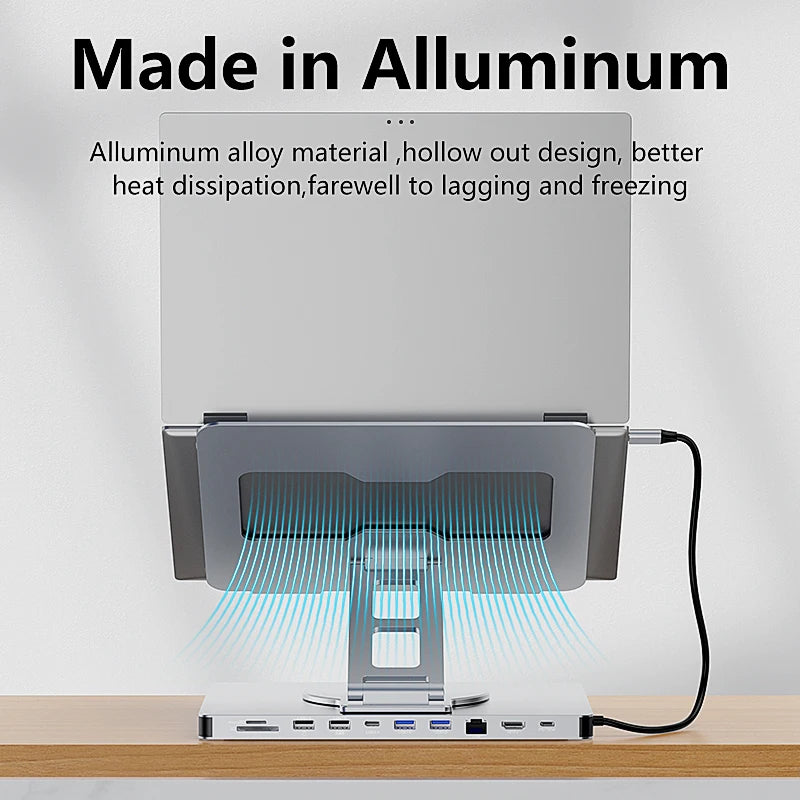 Support iPad Rotatif Blueendless 10-en-1 — Hub USB-C 4K 60Hz, PD 100W, RJ45