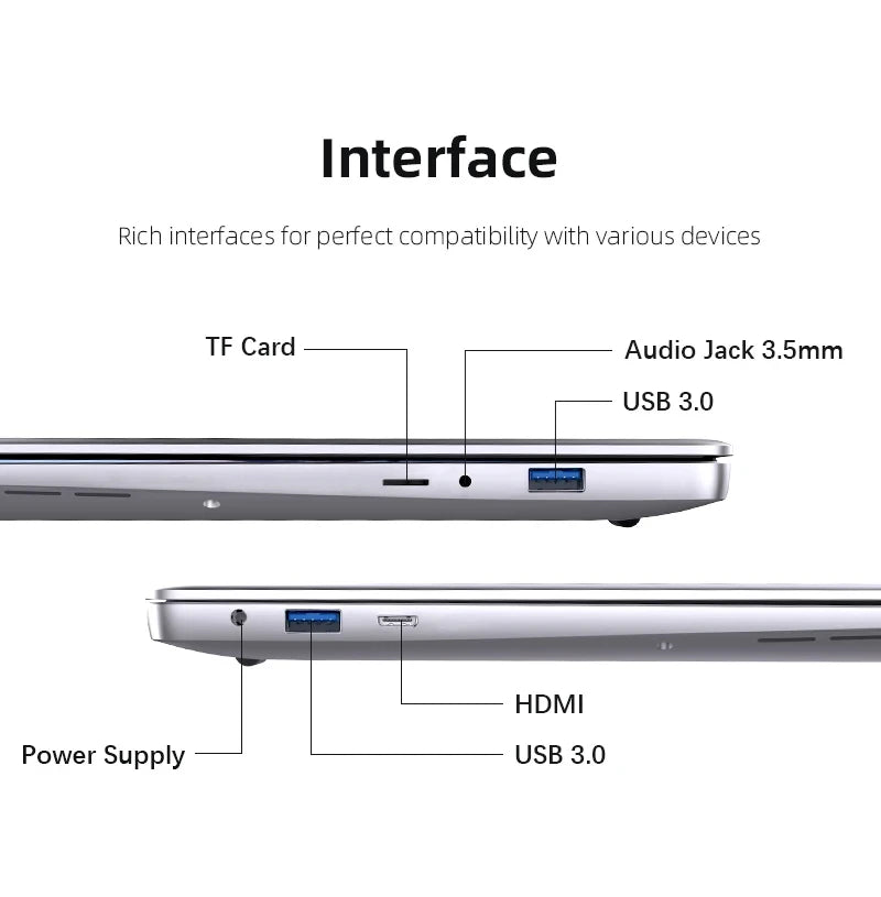 Laptop Ultra-Fin 14.1" Windows 11 Pro - Intel Atom A3950 12Go RAM 1To SSD Ecran Full HD