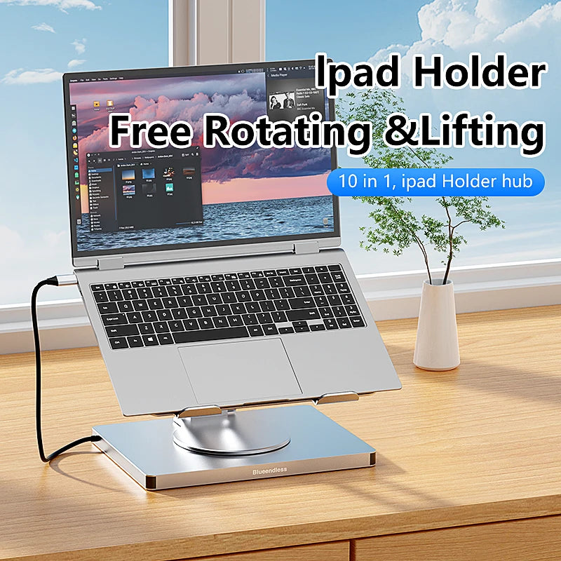 Support iPad Rotatif Blueendless 10-en-1 — Hub USB-C 4K 60Hz, PD 100W, RJ45