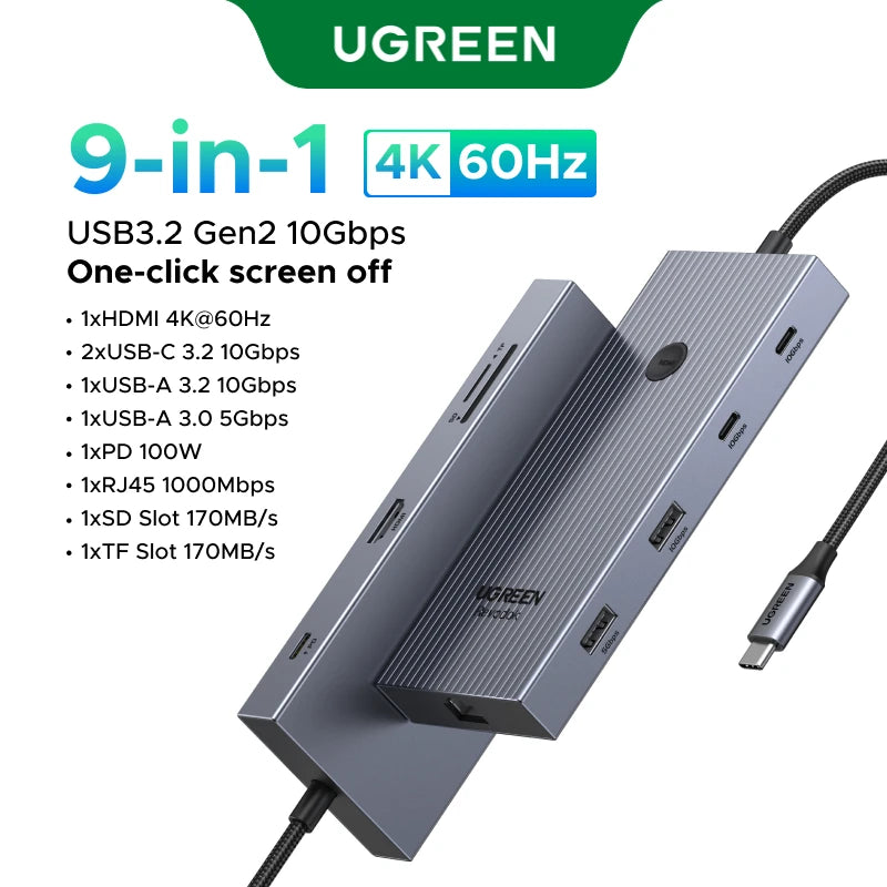 Hub USB-C UGREEN 9-en-1 — HDMI 4K 60Hz, 10 Gbps, RJ45, PD 100W pour MacBook, iPad, PC