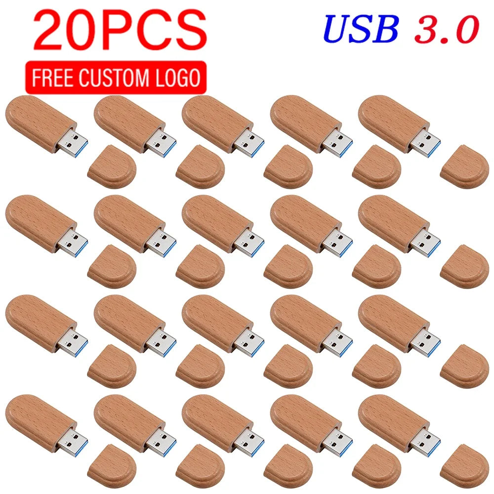Clé USB 3.0 en Bois Naturel - 32Go à 128Go avec Boîte Cadeau (Lot de 20)
