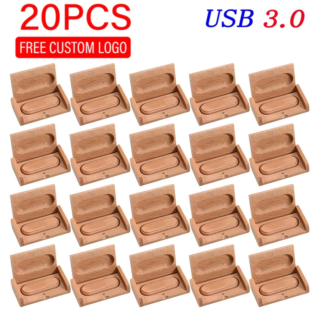 Clé USB 3.0 en Bois Naturel - 32Go à 128Go avec Boîte Cadeau (Lot de 20)