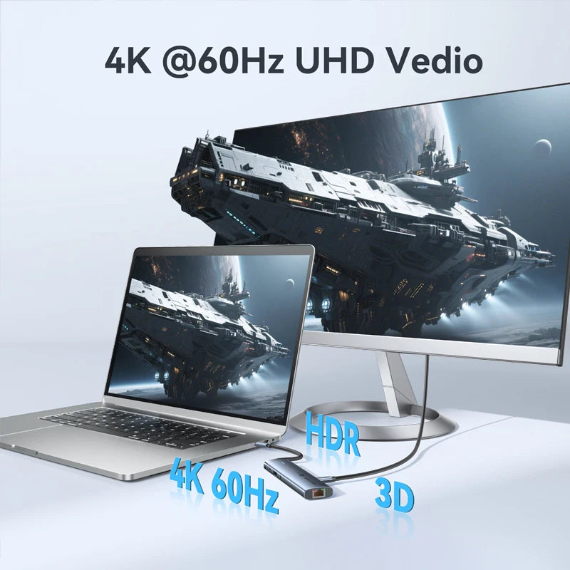 Hub USB-C Vention 9-en-1 — HDMI 4K 60Hz, RJ45, PD 100W pour MacBook, iPad et PC