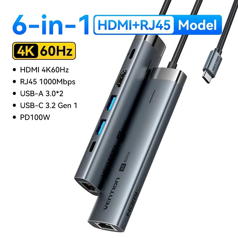 Hub USB-C Vention 9-en-1 — HDMI 4K 60Hz, RJ45, PD 100W pour MacBook, iPad et PC