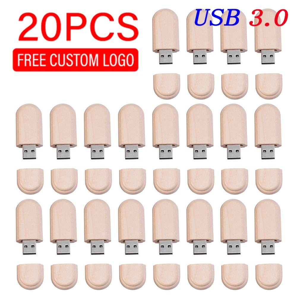 Clé USB 3.0 en Bois Naturel - 32Go à 128Go avec Boîte Cadeau (Lot de 20)