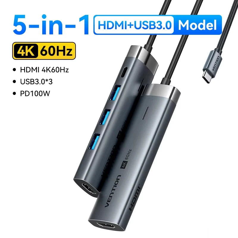 Hub USB-C Vention 9-en-1 — HDMI 4K 60Hz, RJ45, PD 100W pour MacBook, iPad et PC