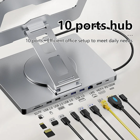 Support iPad Rotatif Blueendless 10-en-1 — Hub USB-C 4K 60Hz, PD 100W, RJ45