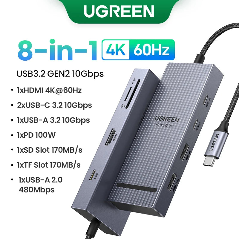 Hub USB-C UGREEN 9-en-1 — HDMI 4K 60Hz, 10 Gbps, RJ45, PD 100W pour MacBook, iPad, PC