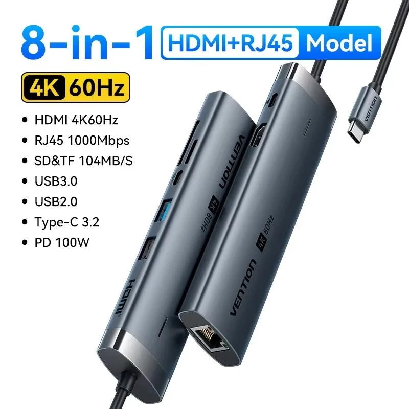 Hub USB-C Vention 9-en-1 — HDMI 4K 60Hz, RJ45, PD 100W pour MacBook, iPad et PC