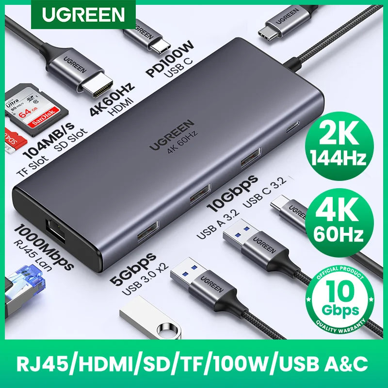 Hub USB-C UGREEN 9-en-1 — HDMI 4K 60Hz, 10 Gbps, RJ45, PD 100W pour MacBook, iPad, PC
