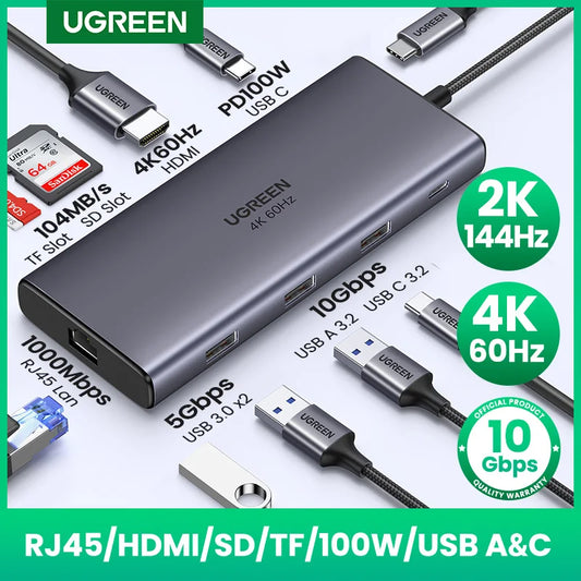 Hub USB-C UGREEN 9-en-1 — HDMI 4K 60Hz, 10 Gbps, RJ45, PD 100W pour MacBook, iPad, PC