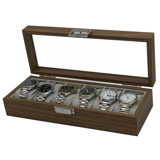 Boîte de Rangement Montres en Bois Noyer - Coffret 6 Montres avec Vitrine