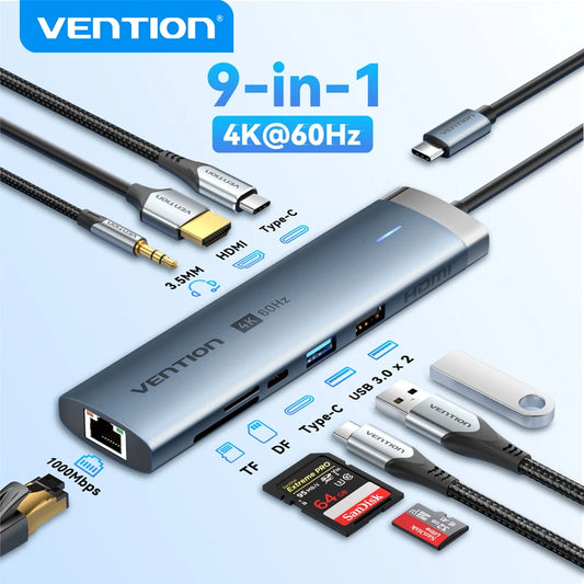 Hub USB-C Vention 9-en-1 — HDMI 4K 60Hz, RJ45, PD 100W pour MacBook, iPad et PC